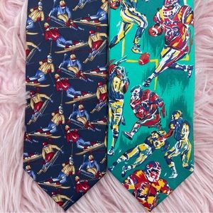 Lot of 2 Lands End Silk Mens ties Sports theme football skiing handsewn.